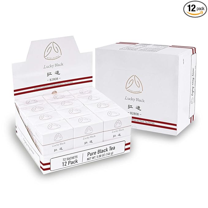 GTGLOTRA Full-Leaf Black Tea, 72 Pyramid Bags (12 Pack), Easy Brew, 100% Natural, Low Caffeine, Caffeine Alternative to Coffee, Biodegradable Tea Whole Leaf Tea Sampler, Family Size, Office Reception,Daily Consumption,Gifts