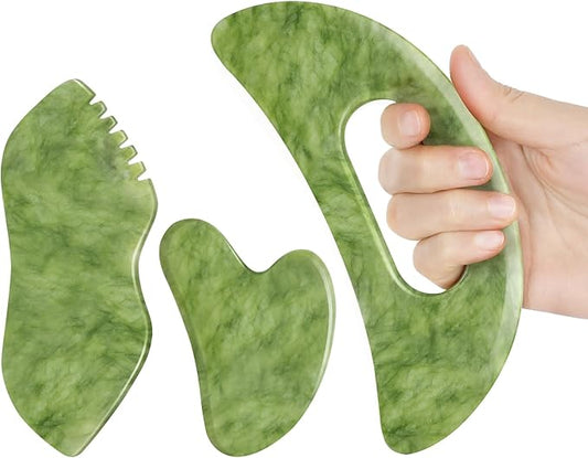 3 PCS Jade Stone Gua Sha Set Face Massager, Body Gua Sha Tool, Jade Gua Sha Facial Tools, Large Guasha Tool For Body, Face, Anti Cellulite, Lymphatic Drainage Massager, Muscle Scraper, Gifts for Women