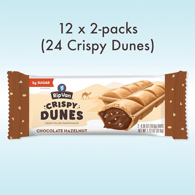 Crispy Dunes Vegan Chocolate Hazelnut Wafer Sticks – Low-Calorie Keto Snack with Hazelnut Cream Filling, 90 Calories, Non-GMO, Prebiotic Fiber - 12 Pack