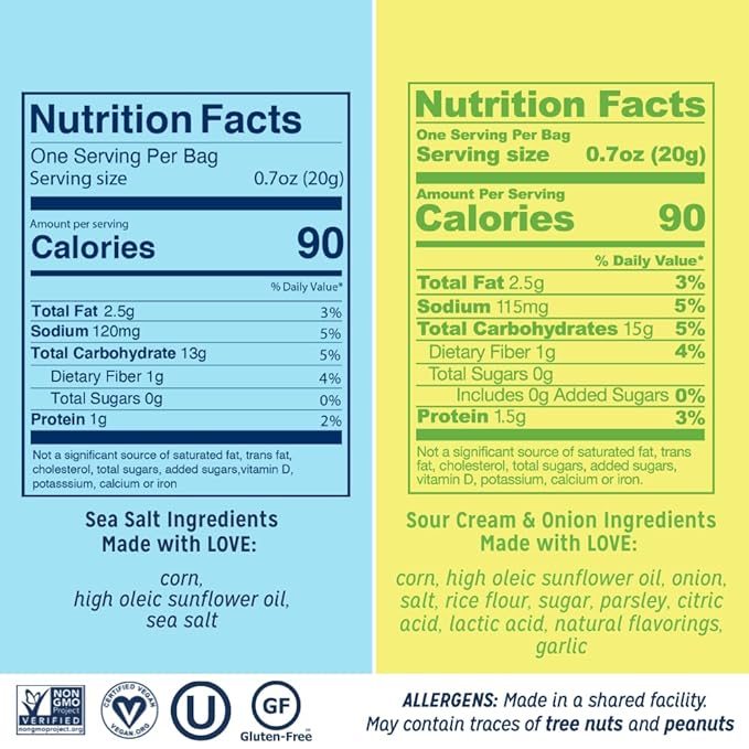 LOVE CORN Sampler Variety Pack 0.7oz x 8 Bags [2x Sea Salt, 2x Sour Cream and Onion, 1 Each of Cheddar, BBQ, Salt & Vinegar and Hot & Spicy] - Delicious Crunchy Corn - Healthy Family Snacks - Gluten Free, Kosher, NON-GMO