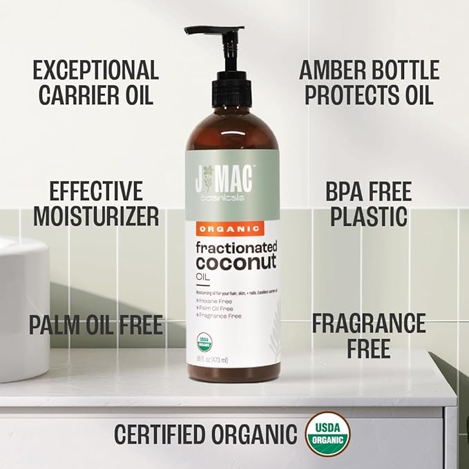 J Mac Botanicals, Organic Fractionated Coconut Oil (16 oz. with a Pump) Carrier Oil for diluting Essential Oils, Leave in Conditioner for Dry Damaged Hair, Skin, Massage