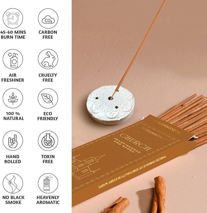 Folkulture Church Incense Sticks | Set of 100 Insence-Sticks with Holder for Relaxation | Frankincense & Myrrh, Catholic Incense | Organic, Slow Burning & Non Toxic Inscents for Worship