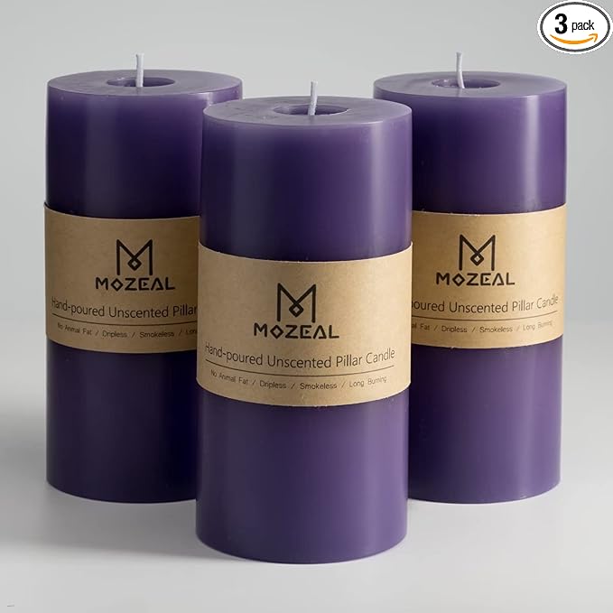 MOZEAL 3" x 6" Hand-Poured Unscented Candle,Dripless Pillar Candle Set of 3,Long Lasting Burning,Approx 120 Hours Burn Time,Rustic Country Style,for Wedding,Dinner,Christmas and Home Decor,Purple
