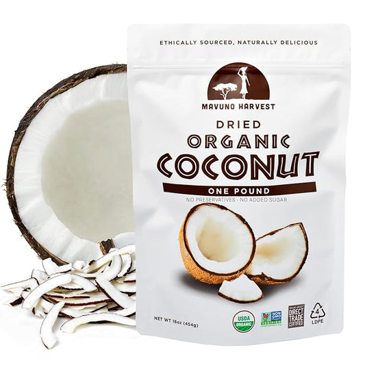 Mavuno Harvest Coconut Chips Dried Fruit Snack | Unsweetened Organic Dried Coconut Strips | Gluten Free Snack | Healthy Snacks for Kids & Adults | Vegan, Non GMO, Direct Trade | 1 Pound Resealable Bag