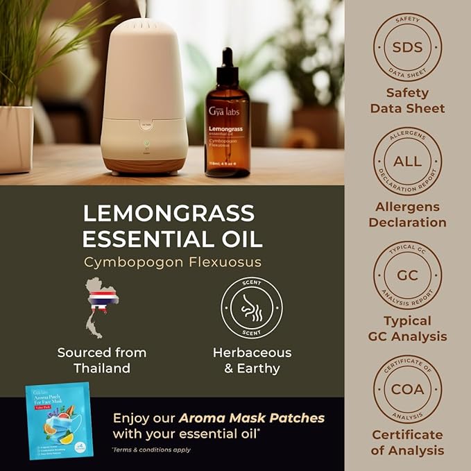 Gya Labs Lemongrass Essential Oil - 4 Fl Oz - for Hair, Skin, Diffuser, Aromatherapy & DIY Candle Making Scent