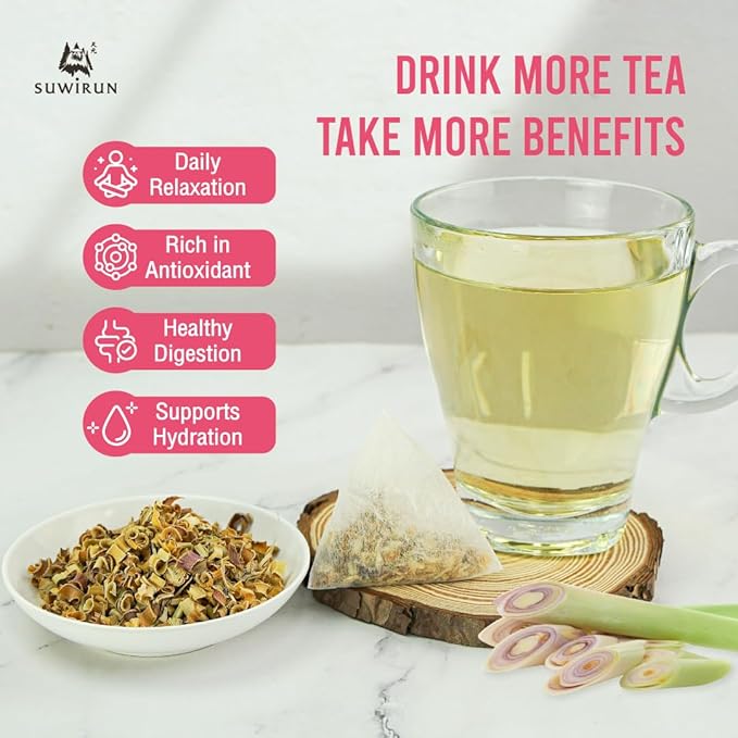 Suwirun Organic Lemongrass Tea 25 Bags – Product of Thailand – Citrusy & Refreshing Herbal Tea, Caffeine-Free, No Calories, Soothes Throat & Aids Digestion, Enjoy Hot or Cold