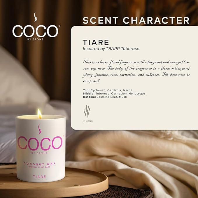 COCO by Stone 6.5oz Candle, Coconut Apricot Wax Candle for Home (Tiare) Home Fragrance Products, 1 Wick Candle, Enhance Indoor Aroma, Vegan & Cruelty-Free, Clean Burning and Hand Poured Candle