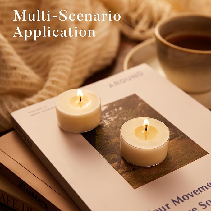 Crenovo Tea Lights Candles 25 Pack, Natural Soy Wax Tealights Candles Bulk 6 Hours Non-Toxic, Long Burning, Unscented Small Votive Cup Candles for Wedding, Party, Dinner, Emergency