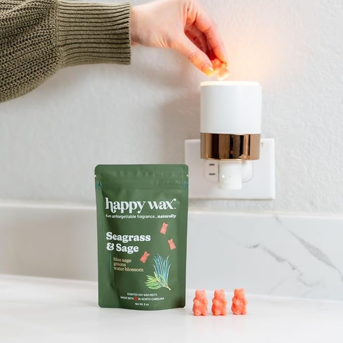 Happy Wax Seagrass & Sage Scented Bear Wax Melts - Natural Strong Scented Summer Wax Melts Infused w/Essential Oils - Non Toxic Wax Melt & Pet Safe Wax Melts - (4 oz Tin)