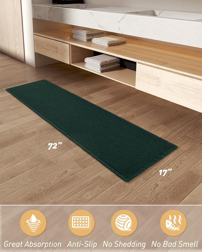AMOAMI Upgraded Waffle Runner Rug Super Absorbent Non Slip Bath Mats for Bathroom Machine Washable Bathroom Runner Rug with Tassels, Ideal for Hallway Bedroom Laundry Room, 17" x 72", Dark Green