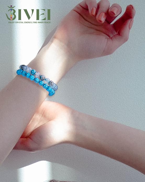 Bivei Natural Gemstone Semi Precious Healing Crystals Handmade Stretchy Round Beads Bracelet, Enhance Positive Energy