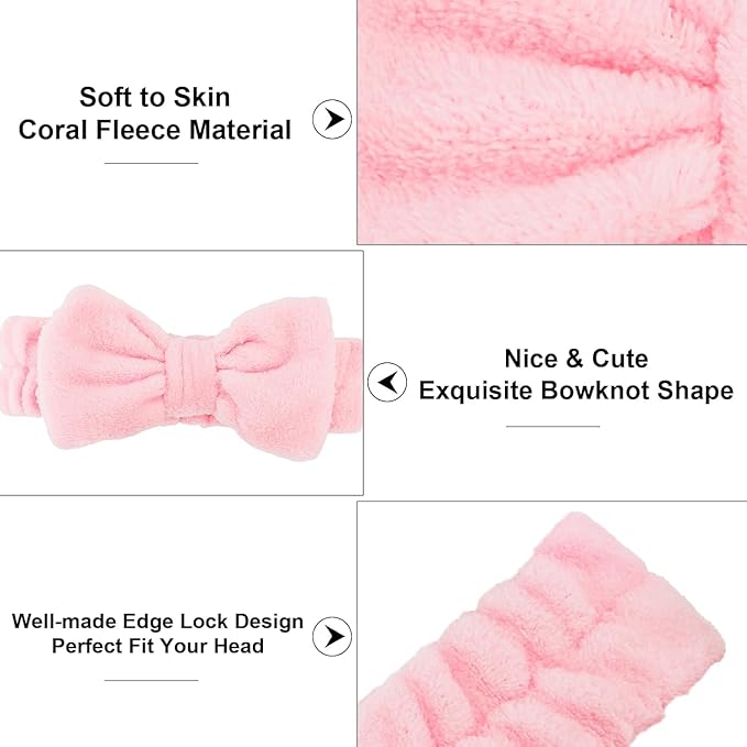 Casoty 8 Pcs Skincare Headbands, Microfiber and Soft Coral Fleece Bow Hair Band for Makeup, Face Washing, Shower, Skin Care, and Yoga