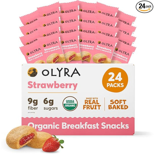 Olyra Strawberry Organic Fruit Bars, Prebiotic High Fiber Snack, Gut Health, Fruit Filled & Whole Grain Bites, Kids Healthy Snacks, Low Sugar, Vegan, USDA Certified Organic, Non GMO (Pack of 24)