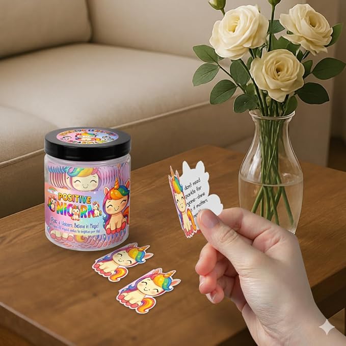 Positive Unicorn Jar with 60 Daily Affirmation Cards, Emotional Support Unicorn Gifts for Women, Stress Relief, Unicorn Birthday Gift, Unicorn Decor, Unicorn Girls Gifts, Unicorn Accessories