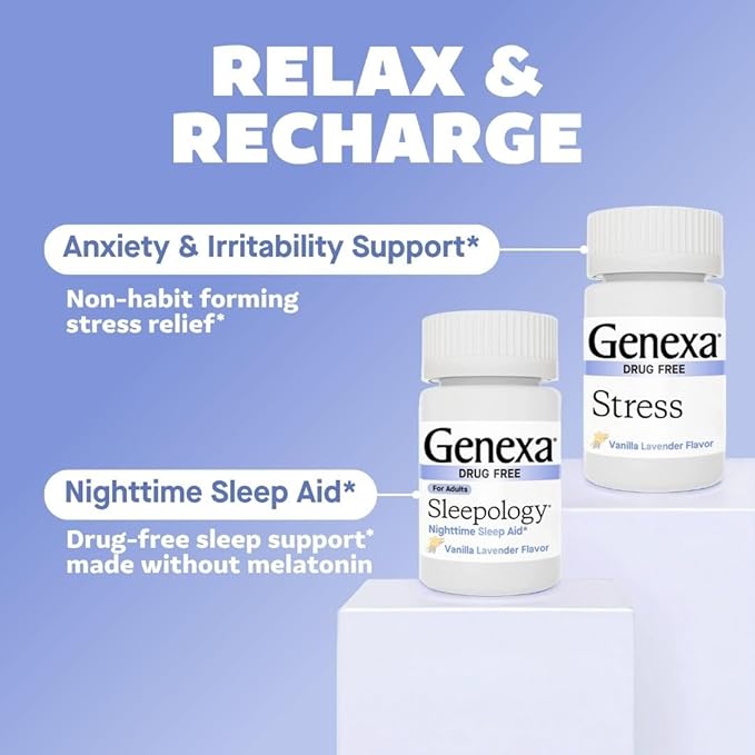Genexa Sleep & Stress Bundle for Adults | Fatigue, Anxiety, & Irritability Relief | Melatonin-Free | Natural Vanilla & Lavender | Organic, Non-GMO, Homeopathic | 2 x 60 Tablets