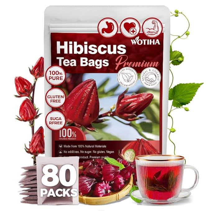 WOTIHA-Natural Hibiscus Tea Bags 120g. 80 Herbal Tea Bags Tea with Antioxidant Properties, Non-GMO • Additive-Free • Caffeine-Free，Vegan