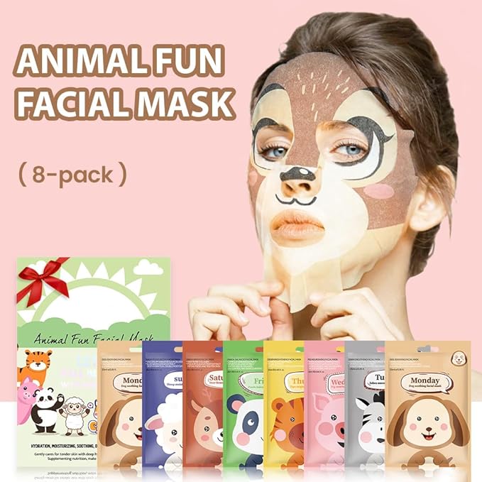 evpct 8 Pack Animal Face Masks Skincare,Spa Kit for Girls Kid Animal Facial Face Masks Skincare for Teens Kids Girls Spa Day Slumber Sleepover Birthday Party Favors Supplies Kit, Sheet Mask Beauty