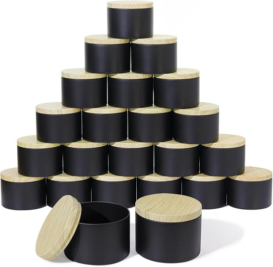 Aroparc Candle Tins 8oz with Lids, 24 Pack Seamless Candle Containers for Candle Making Supplies Empty Candle Jars - Wood Grain Lids Black Tins