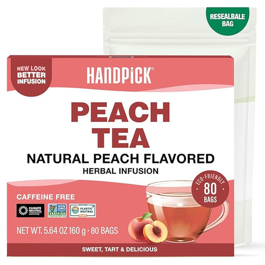 HANDPICK, Peach Tea Bags (80 Count) Non-GMO, Caffeine-Free - Peach, Hibiscus, Cinnamon, Cloves, Ginger | Floral & Refreshing Herbal Tea Bags, Brew Iced Tea or Hot Tea