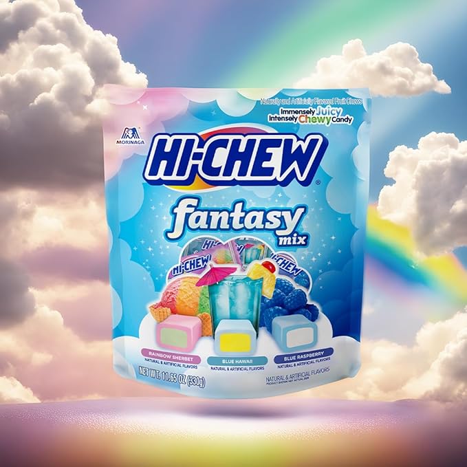 HI-CHEW Fantasy Mix, Rainbow Sherbet Blue Hawaii Blue Raspberry, 220+ Pieces, 4 Stand Up Pouches, 12.7oz ea - Unique Fun Soft Chewy Candy - Immensely Juicy Flavors - Individually Wrapped Halloween Sharing Candy