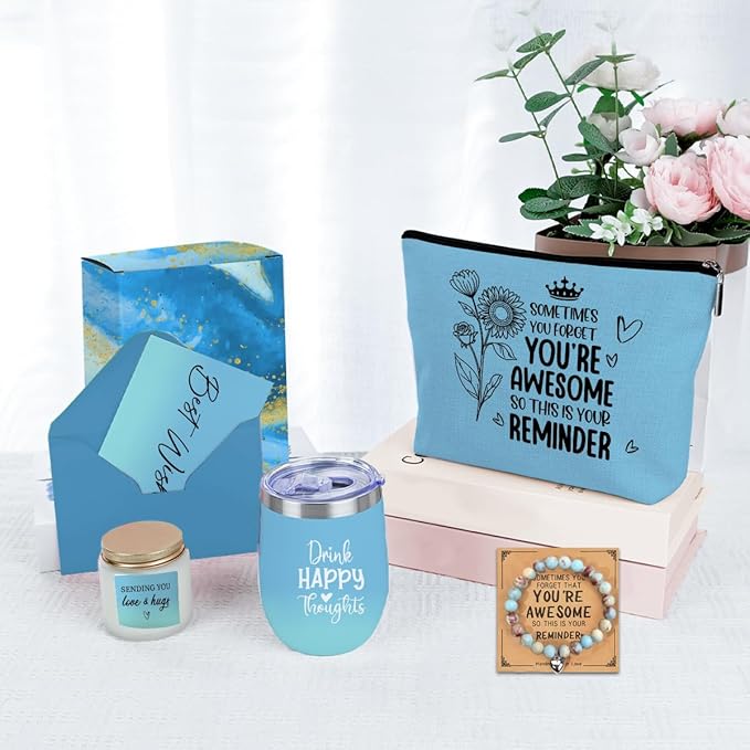 Positive Self Care Birthday Gifts for Women, Thank You Get Well Soon Thinking of You Gifts for Women, Teacher Friends Girls Christmas Friendship Wine Tumbler Makeup Bag Scented Candle Bracelet Basket