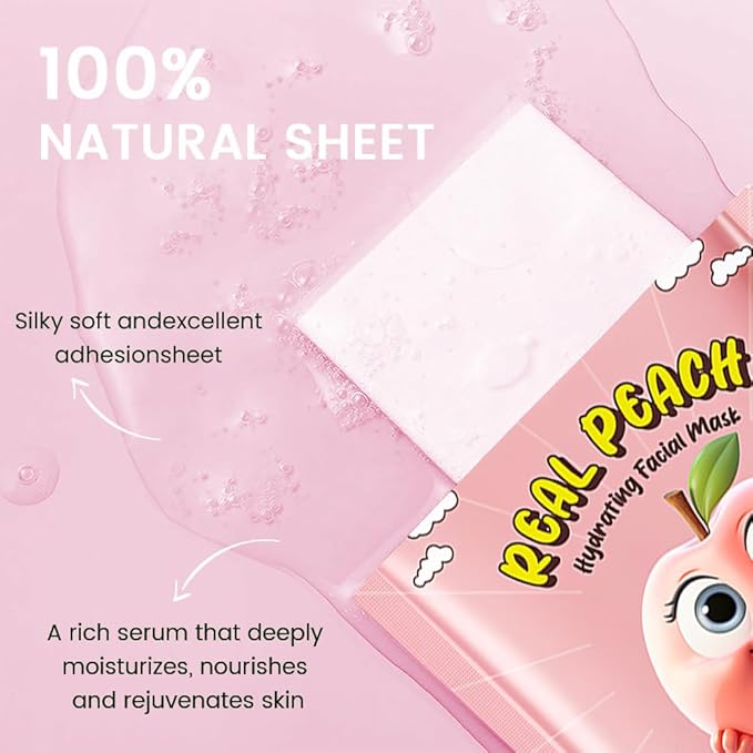 Kaely 12 Pack Peach Face Masks for Kids, Kids Face Mask Spa Day Kit Supplies, Spa Party Favors for Teens Girls Women, Sheet Facial Mask Skincare Gifts Set, Moisturize Soothe for All Skin Types, 08
