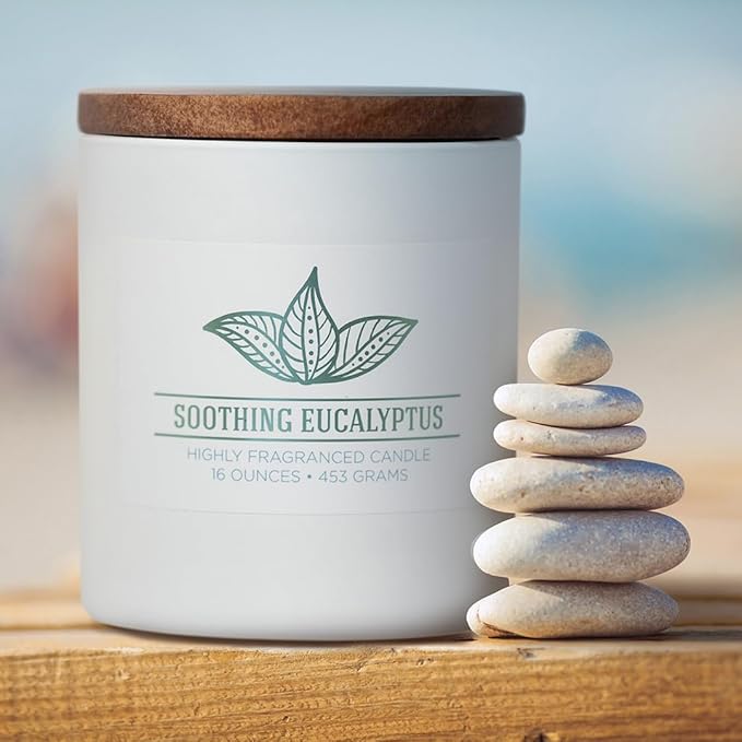 Carolina Soothing Eucalyptus Scented Candle, 16 oz Wellness Relaxing Aromatherapy Candle, 2 Wick White Jar Soy Blend Wax, Candles for Home, 60H Burn - Made in The USA