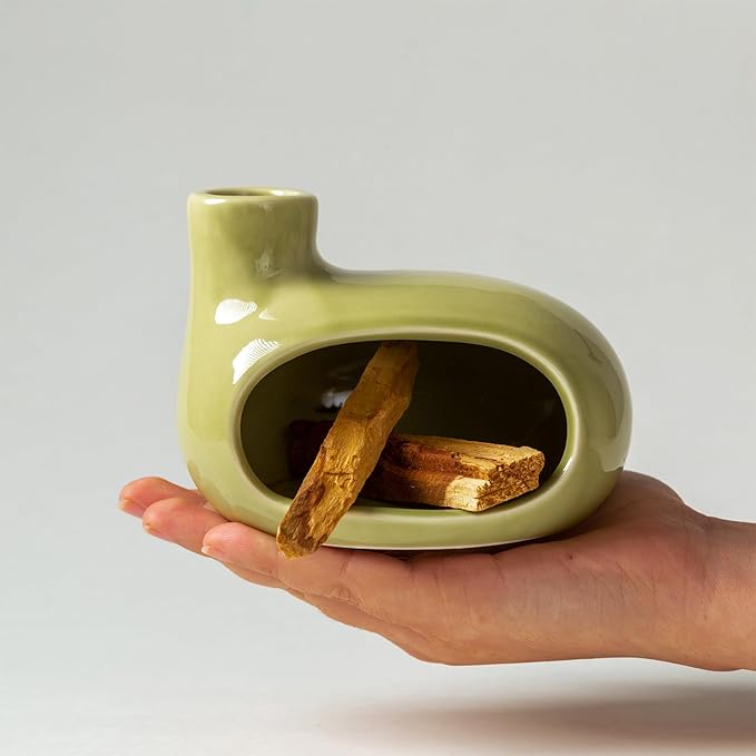 Palo Santo Holder Burner - Modern Chiminea Incense Dish for Palo Santo Sticks and Cones - Ceramic Meditation Gift with Natural Polished Surface - Perfect for Yoga, Aromatherapy