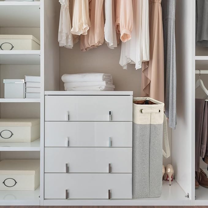 i BKGOO Laundry Basket with Handles Beige&Silver Slim Laundry Bin Collapsible Dirty Clothes Basket Narrow Laundry Bag Foldable Dirty Hamper for Camping, Dorms, Apartments