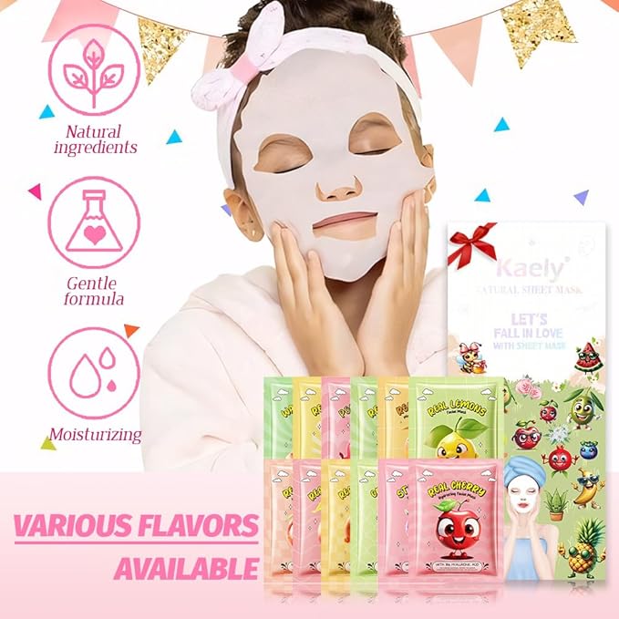 Kaely 12 Pack Fruit Face Masks for Kids, Kids Face Mask Spa Day Kit Supplies, Spa Party Favors for Teens Girls Women, Sheet Facial Mask Skincare Gifts Set, Moisturize Soothe for All Skin Types, 02