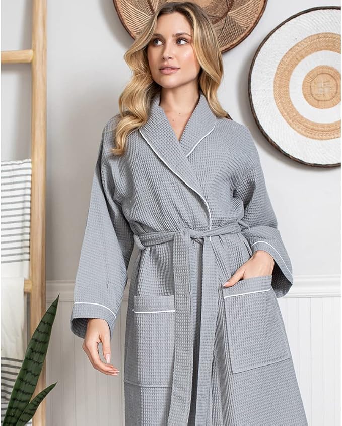 Lotus Linen Waffle Robes for Women - Lightweight Cotton Kimono Bathrobe - Long Soft Spa Bath Robe