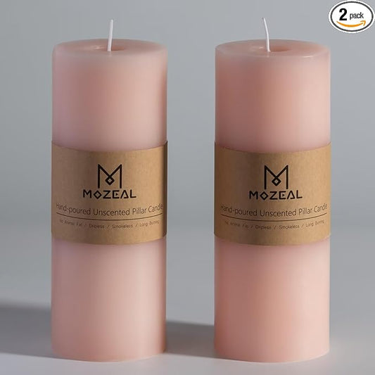 MOZEAL 3" x 8" Hand-Poured Unscented Large Candle, Smokeless Rustic Pillar Candle Set of 2, Slow Burn, No Drip, Approx 150 Hours Burning, Dinner, Spring and Home Decorative, Tall Pearl Blush Candle