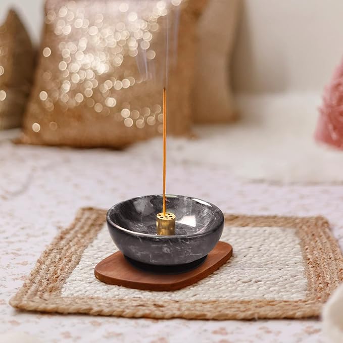 Vrupin Natural Marble Incense Burner, Handmade Incense Stick Incense Burner Reflux Burner, Ideal for use in Meditation, Incense Smokers and Decoration. (Black)