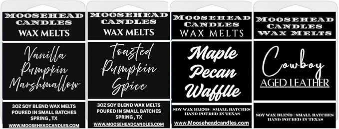 Fall Wax Melt Bundle 4 Pack – Vanilla Pumpkin Marshmallow, Pumpkin Spice, Aged Leather, Southern Pecan Maple Waffles – Strong Soy Blend Fragrance Melts in Gift-Ready Box – Limited Seasonal Set