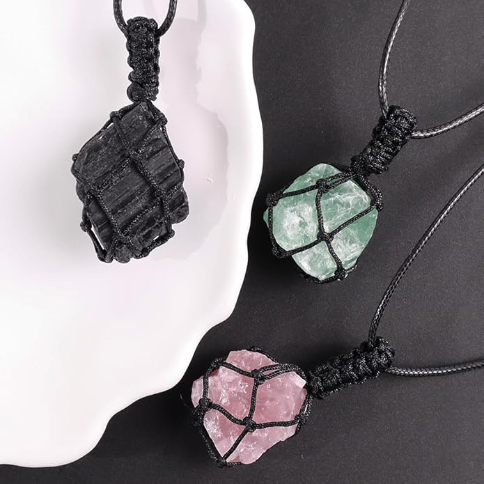 Handmade Natural Gemstone Crystal Pendant Necklace Stone Holder Necklace Cord Net Necklace with Adjustable Length for Women Men