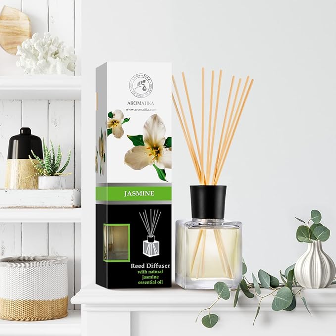 Jasmine Reed Diffuser w/Natural Essential Jasmine Oil 6.8 Fl Oz - Fresh & Long Lasting Fragrance - Scented Reed Diffuser - Gift Set w/Bamboo Sticks - Best for Aromatherapy - SPA - Home