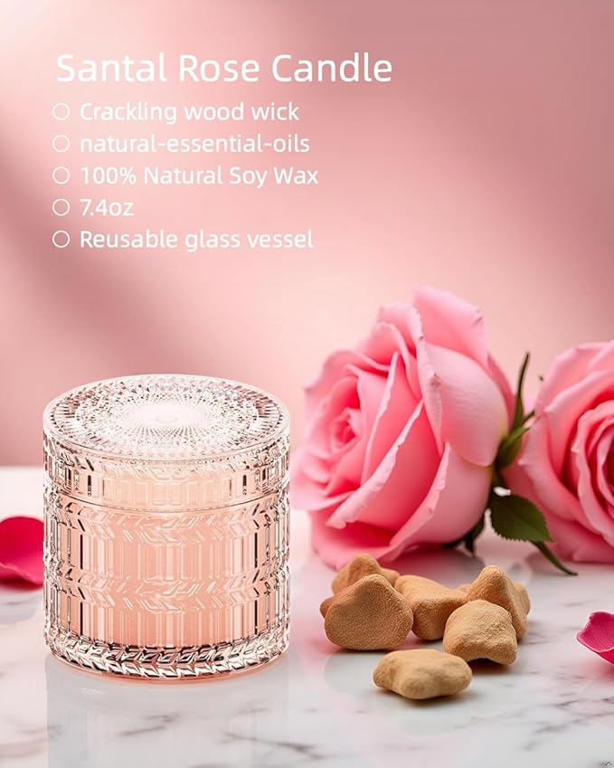Hidden Label Sandalwood Rose Scented Candle for Home Scented, Santal Wood Wick Decorative Candles, Aromatherapy Candles for Women, Pink Soy Candles Non Toxic Candle, 7.4 oz 55 Hours Long Burn time