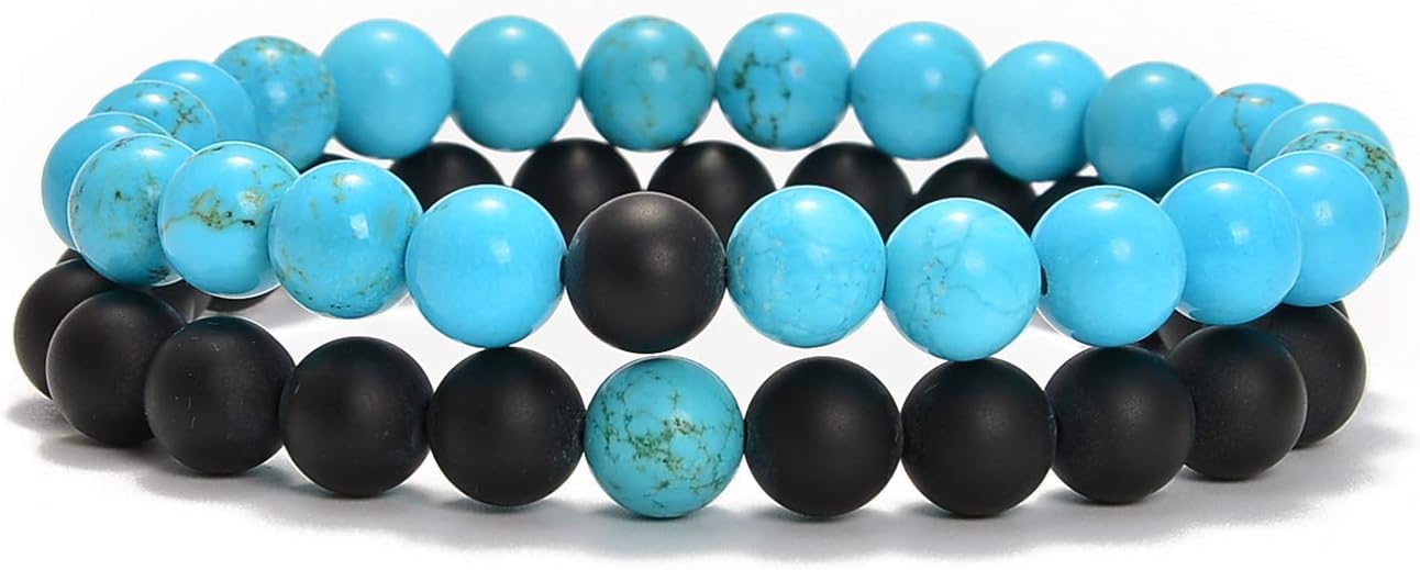 AD Beads 2Pcs His & Hers Distance Beads Bracelets Elastic Natural Stone Yoga Bracelet