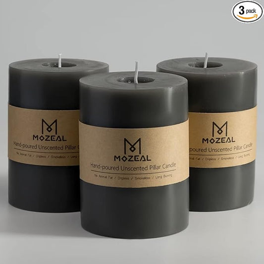 MOZEAL 3" x 4" Hand-Poured Unscented Candle,Dripless Pillar Candle Set of 3,Long Clean Burning,Approx 72 Hours Burn Time,Rustic Country Style,Wedding,Dinner,Christmas and Home Decor,Dark Gray