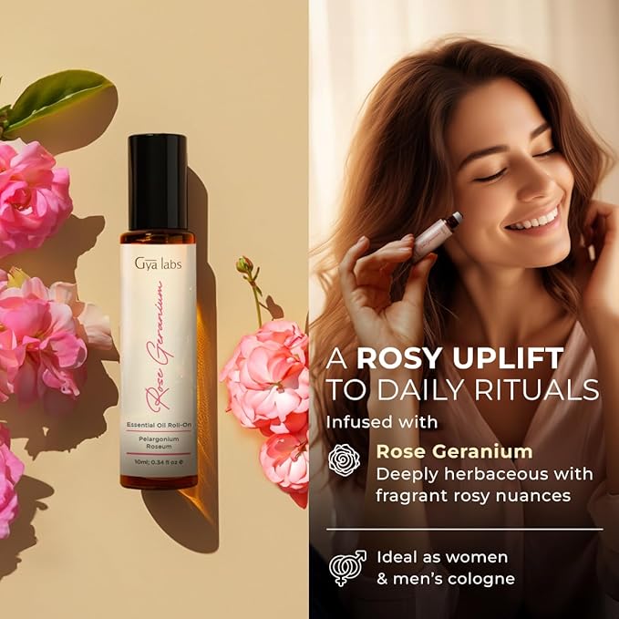 Gya Labs Rose Geranium Essential Oil Roll On - 0.34 Fl Oz - Travel Size Roller for Camping, Skin, Aromatherapy Relief, Convenience