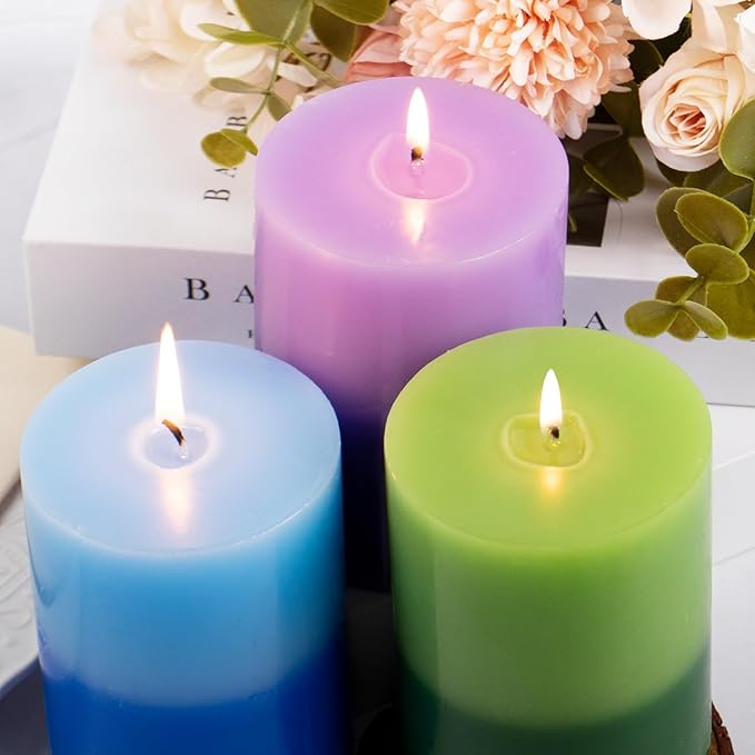 KONNI Purple Layered Pillar Candles Set of 3, 3"x 4" Unscented Pillar Candles Bulk, 39 Hours Long Burning Candles, Smokeless&Dripless Large Round Candle for Wedding, Home Decoration, Parties, Dinner