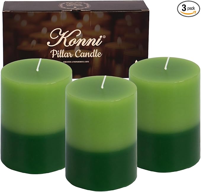 KONNI Green Layered Pillar Candles Set of 3, 3"x 4" Unscented Pillar Candles Bulk, 39 Hours Long Burning Candles, Smokeless&Dripless Large Round Candle for Wedding, Home Decoration, Parties, Dinner