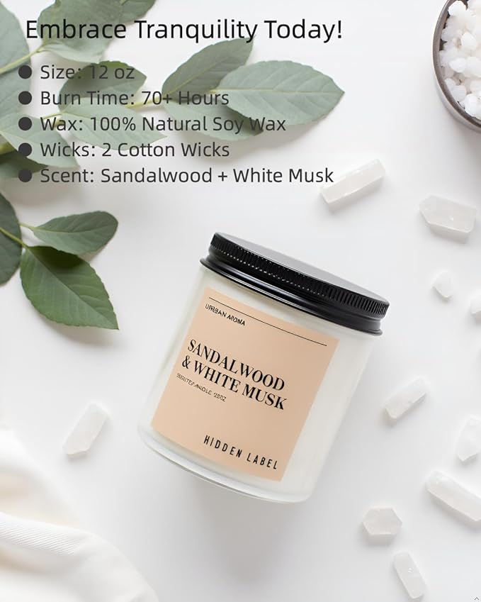 Hidden Label Sandalwood & White Musk Scented Candle - 12oz Natural Soy Non Toxic 70H Burn Time 2 Wick Aromatherapy Candle for Home Decor,Stress Relief & Relaxation
