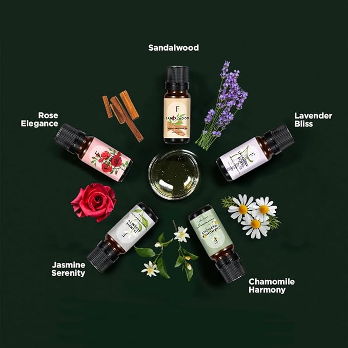 Folkulture Essential Oils for Home | Set of 5 (0.34 fl oz x 5) Sandalwood Essential Oil or Rose Diffuser Oils for Relaxation | Lavender Essential Oil or Chamomile Oil Scents | Jasmine Oil for Women