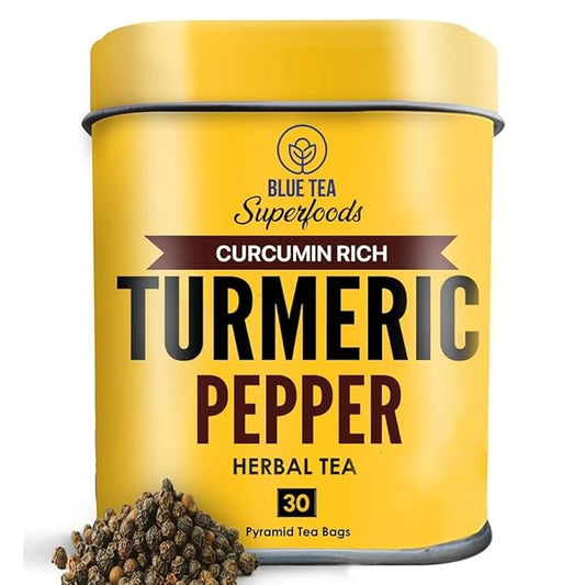 BLUE TEA - Turmeric Tea - Pepper - 30 Count - Pyramid Plant Based Tea Bag | CURCUMIN RICH - HERBAL BLEND | Herbal Tea - Caffeine Free - No Sugar - Earthy Flavor - Healthy | Tin Pack
