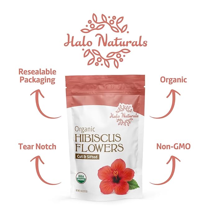 Halo Naturals Organic Hibiscus Flowers Cut & Sifted, 4 Ounces (Hibiscus sabdariffa) USDA Certified | Resealable Pouch| Packaged in The USA