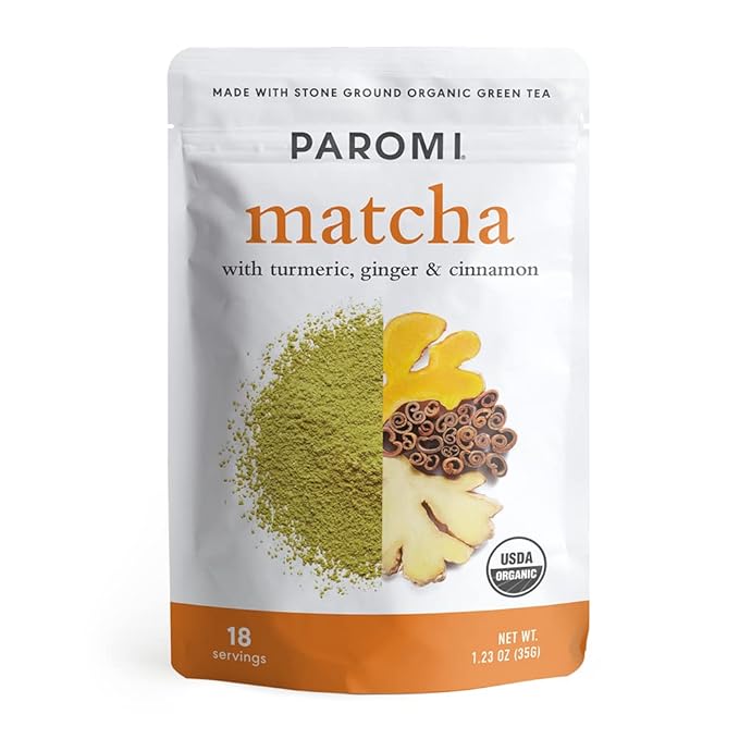 Paromi Tea Matcha with Turmeric, Ginger & Cinnamon 35 Grams, Organic Stone-Ground Organic Green Tea, Serve Hot or Iced, Blend, Whisk, Stir, or Shake into Water or Milk