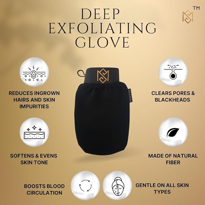 Exfoliating Glove Kessa Mitt Body Scrubber - Dead Skin Remover Shower Glove for Dead Skin Scrubbing and Deep Pore Cleansing - by MoroccanSource (3 Piece spa Set)