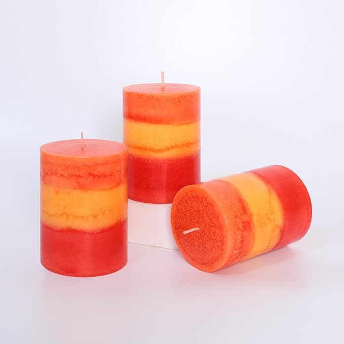 3x4 Inch Pillar Candles 3 Pack Rustic Orange Handmade Layered Clean Burning Pumpkin Spice Scented Candles Fall Harvest Aesthetic Halloween Decorative for Home Dinner Table Decor