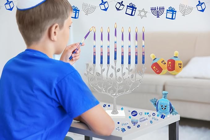 Dripless Hanukkah Candles Blue and Pink Multi Splash, Premium Tapered Hand Decorated (5-Pack)